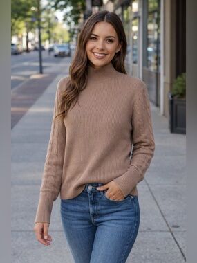 Magaschoni Cashmere Taupe Cable-Sleeve Mock Neck Sweater. Size Medium